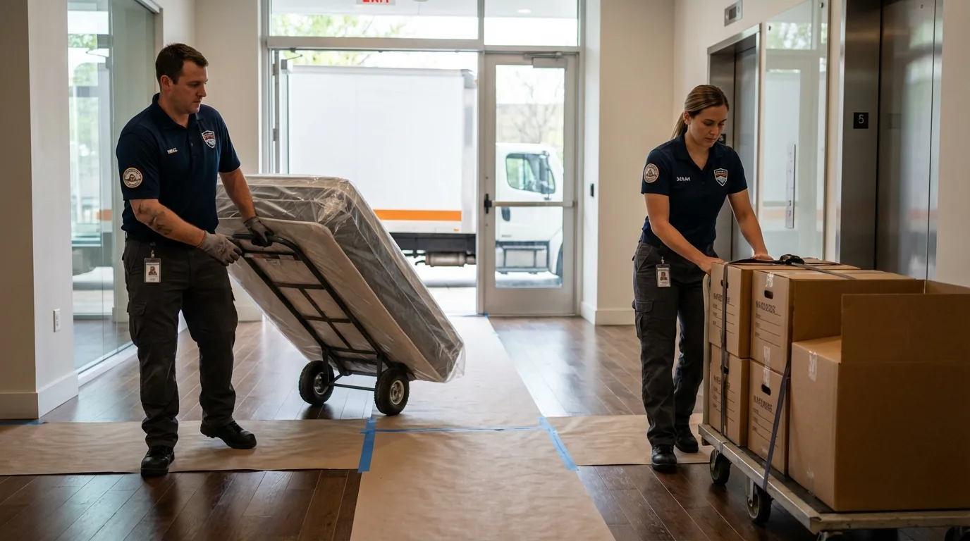 Professional apartment movers loading elevator in Earle, AR